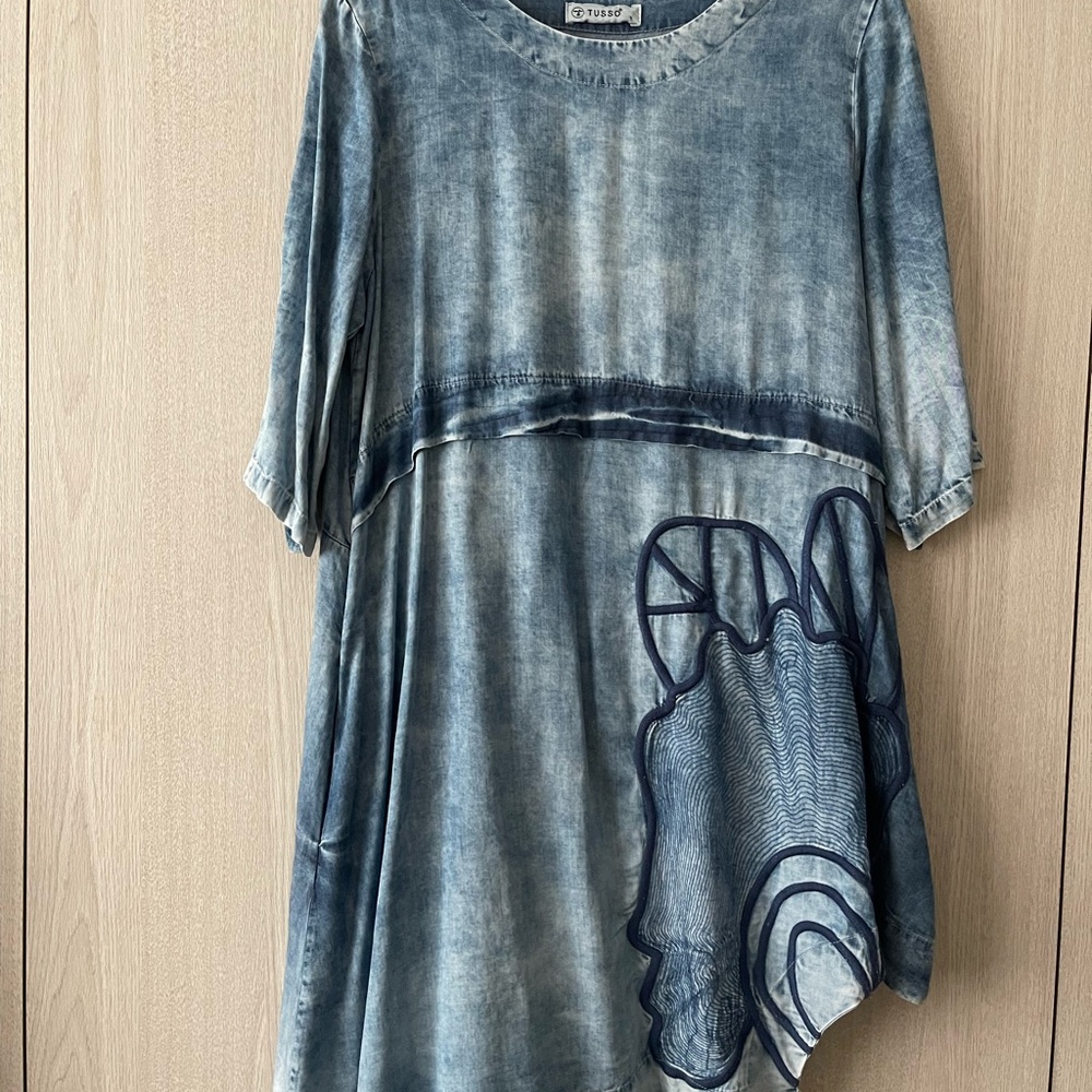 Washed Denim Blue Midi Dress with Artistic Detail